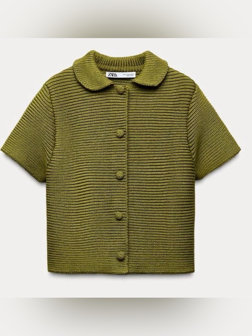 ZARA chunky knit Olive Green Ribbed Short-Sleeve Button-Down Top size small